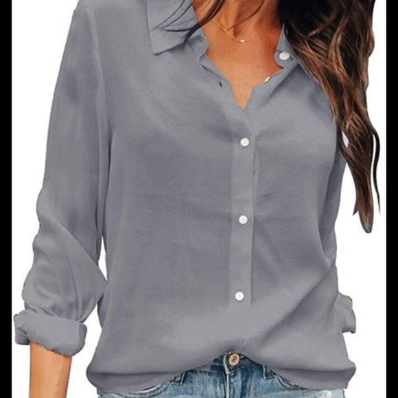 Women Button Down Shirts Long Sleeve Chiffon V Neck Casual Business Blouses - Picture 1 of 5